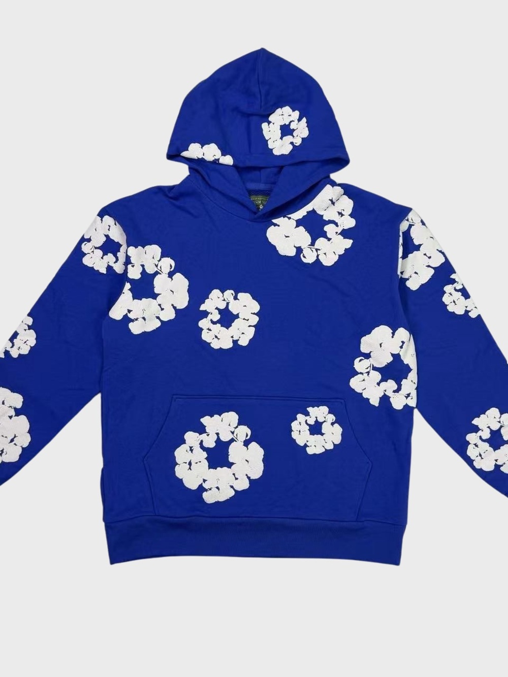Men's Blue Denim Tear Floral-Print Pullover Hoodie